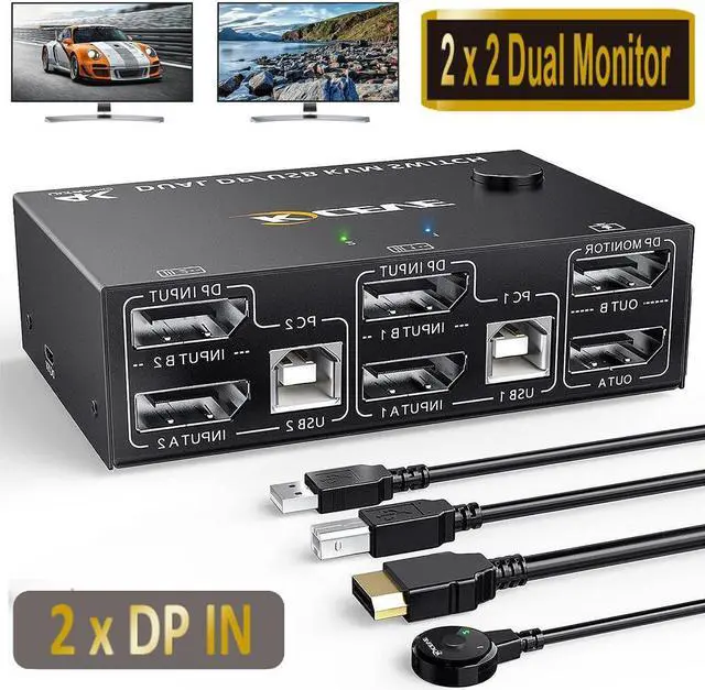 Dual Monitor DisplayPort KVM Switch 8K 30Hz 4K 144Hz USB DP KVM Switch for 2 PC 2 Monitors Supports DP1.4 Extended display with 4 USB 2.0 ports for 2 PCs with DP+USB cables and desktop controller