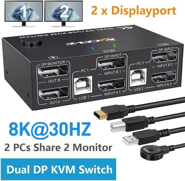 Dual Monitor Displayport KVM Switch 8K 30Hz 4K 144Hz DP Extended Display KVM Switch for 2 Computers Share 2 Monitors and 4 USB 2.0 Ports DP KVM Switch 2 in 2 Out Wired Remote and 4 Cables Included