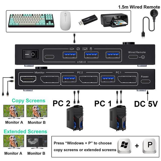 Dual Monitor Displayport KVM Switch 8K 30hz 4K 30Hz HDMI DP Extended Display Switcher For 2 Computers Share 2 Monitors And 4 USB 3.0 Ports Wired Remote Control And DP 1.4 Cable Included