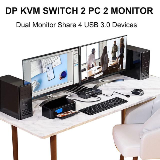 Dual Monitor Displayport KVM Switch 8K 30hz 4K 30Hz HDMI DP Extended Display Switcher For 2 Computers Share 2 Monitors And 4 USB 3.0 Ports Wired Remote Control And DP 1.4 Cable Included