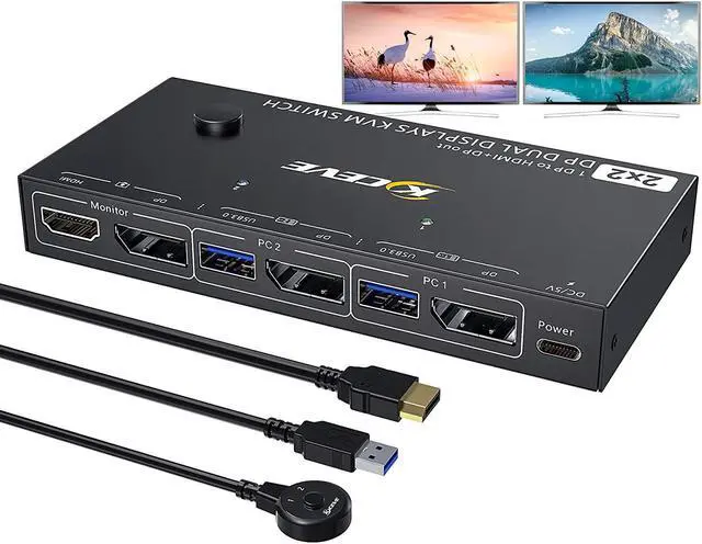 Dual Monitor Displayport KVM Switch 8K 30hz 4K 30Hz HDMI DP Extended Display Switcher for 2 Computers share 2 monitors and 4 USB 3.0 ports wired remote control and DP 1.4 cable included