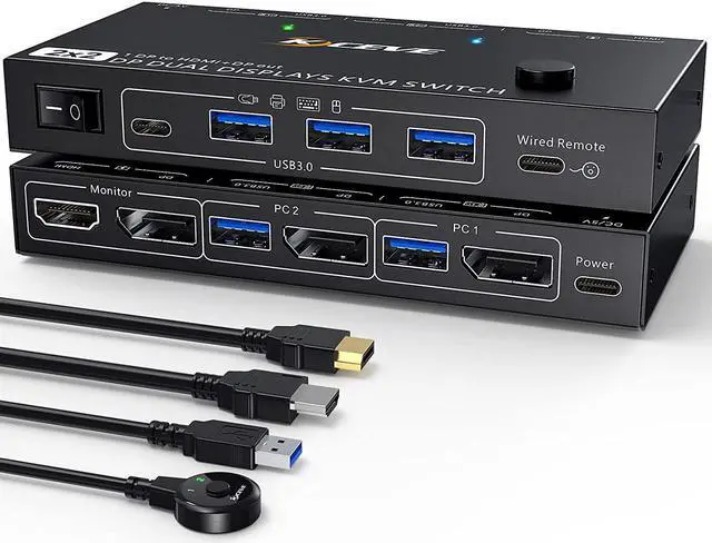 Dual Monitor DisplayPort KVM Switch 8K 30Hz for 2 PCs 2 Monitors USB 3.0 DP1.4 KVM Switch 2 Displayport in Displayport + HDMI Out Backnward Compatible DP1.2 with DP+USB Cables and Wired Controller