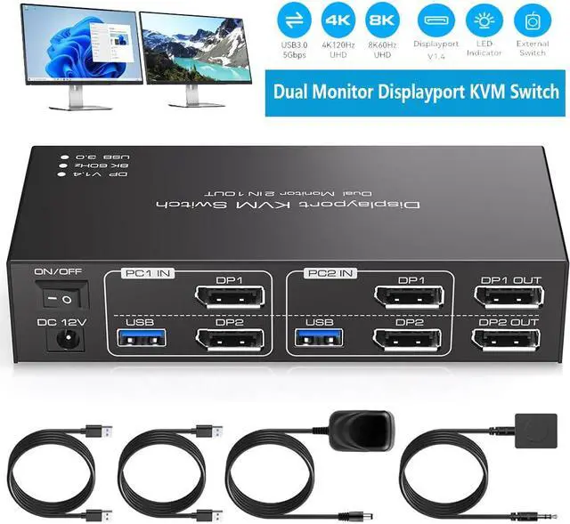 Dual Monitor Displayport KVM Switch 8K 60Hz/4K 120Hz USB 3.0 DP 1.4 KVM Switcher for 2 Computers Share 2 Monitors and 4 USB Devices Support Extended & Copy Mode Wired Controller 2 USB Cables Included