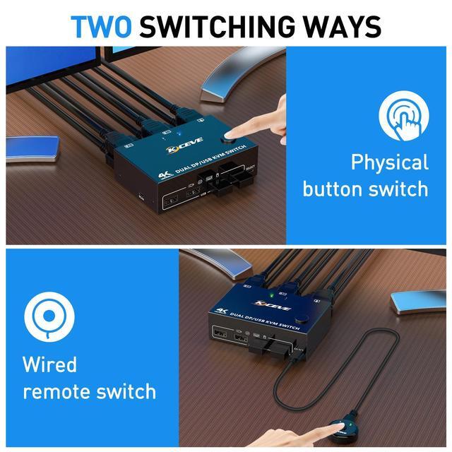 Dual Monitor Displayport KVM Switch DP1.4 8K 30Hz 4K 144Hz DP Extended Display USB KVM Switch For 2 Computers Share 2 Monitors And 4 USB 2.0 Ports Wired Remote And 4 USB Cables Included