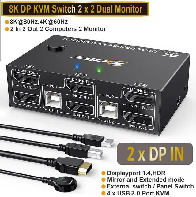 Dual Monitor Displayport KVM Switch DP1.4 8K 30Hz 4K 144Hz DP Extended Display USB KVM Switch for 2 Computers Share 2 Monitors and 4 USB 2.0 Ports Wired Remote and 4 USB Cables Included