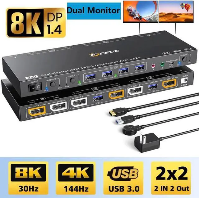 Dual Monitor Displayport KVM Switch for 2 Computers 2 Monitors 8K 30Hz/4K 144Hz Extend Display Support KVM Mode and USB Mode 2 Port DP KVM Switch 2 in 2 Out with Voice Control and Remote Control