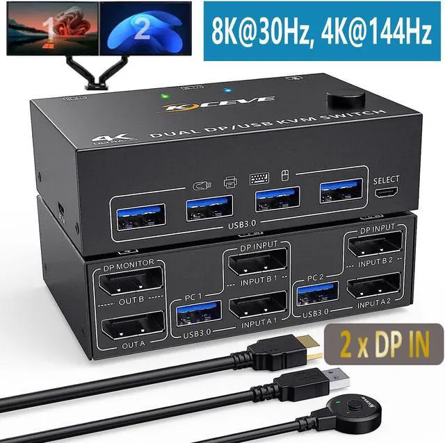 Dual Monitor Displayport KVM Switch for 2 Computers 2 Monitors 8K 30Hz 4K 144Hz Display Port DP1.4 USB 3.0 KVM Switches 2 in 2 Out with 4 USB 3.0 Ports Wired Remote and 4 Cables Included