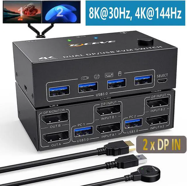 Dual Monitor Displayport KVM Switch for 2 Computers 2 Monitors 8K 30Hz 4K 144Hz Display Port DP1.4 USB 3.0 KVM Switches 2 in 2 Out with 4 USB 3.0 Ports Wired Remote and 4 Cables Included