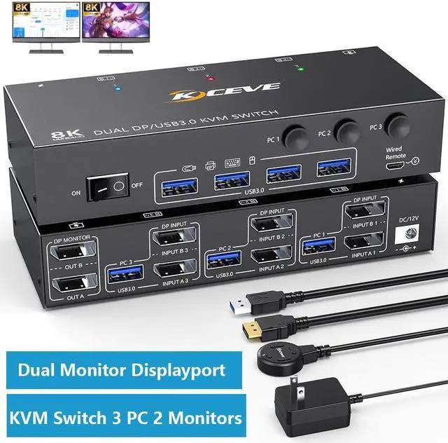 Dual Monitor Displayport KVM Switch USB 3.0 Displayport KVM Switch 2 Monitors 3 Computers 8K 30Hz 4K 144Hz 3 Computers Share 2 Monitors and 4 USB 3.0 Devices Wired Remote and Cables Included