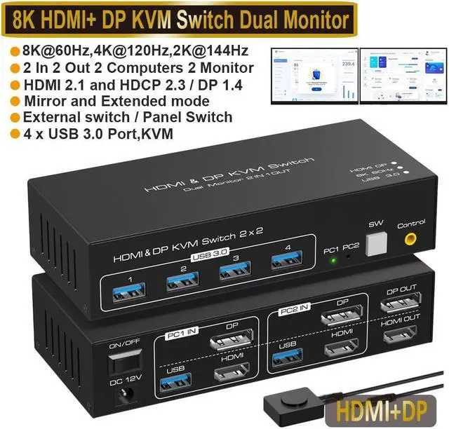 Dual Monitor DP + HDMI KVM Switch 2 Port DisplayPort and HDMI 8K 60HZ 4K 120Hz KVM Switcher for 2 Computers 2 Monitors with 4 Ports USB 3.0 Support Copy and Extended Display and Desktop Control
