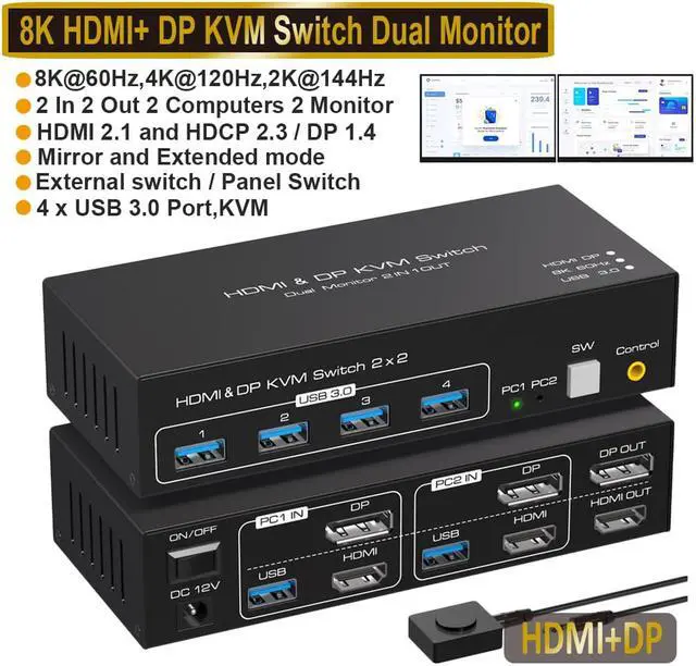 Dual Monitor DP + HDMI KVM Switch 2 Port DisplayPort and HDMI 8K 60HZ 4K 120Hz KVM Switcher for 2 Computers 2 Monitors with 4 Ports USB 3.0 Support Copy and Extended Display and Desktop Control