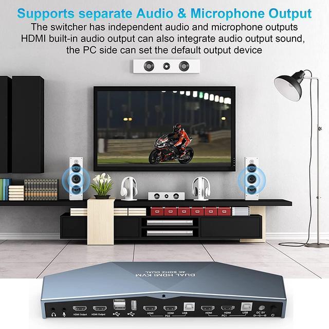Dual Monitor HDMI 2.0 KVM Switch 2 Port Extended Display 4K 60Hz USB KVM Switch HDMI 2 In 2 Out With Audio Microphone Output And 3 USB 2.0 Hub 2 HDMI Monitors 2 Computers Switch With 2 USB Cables