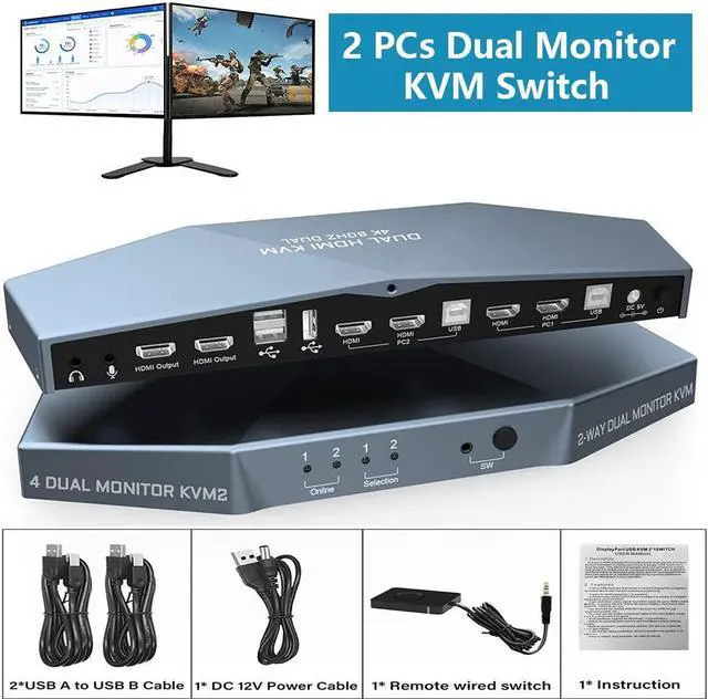 Dual Monitor HDMI 2.0 KVM Switch 2 Port Extended Display 4K 60Hz USB KVM Switch HDMI 2 in 2 Out with Audio Microphone Output and 3 USB 2.0 Hub 2 HDMI Monitors 2 Computers Switch with 2 USB Cables
