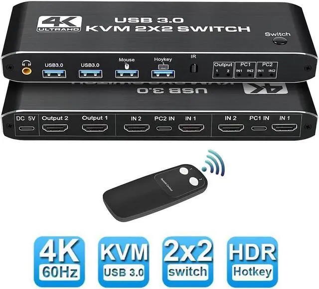 Dual Monitor HDMI 2.0 KVM Switch with 3.5mm Jack Audio Output USB 3.0 HDMI KVM Switch 2x2 for 2 Computers and 2 Monitors 4K 60Hz with 3 Display Method Hot Key Switching IR Control