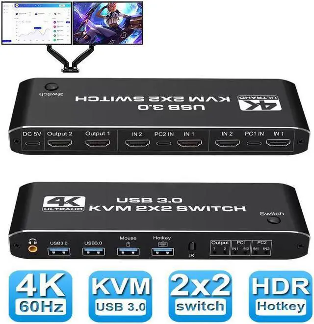 Dual Monitor HDMI-compatible USB 3.0 KVM Switch 4K 60Hz 2 Port Dual Monitor KVM HDMI Extended Display USB KVM Switcher 2 in 2 out for 2 Computers Share 2 Monitors