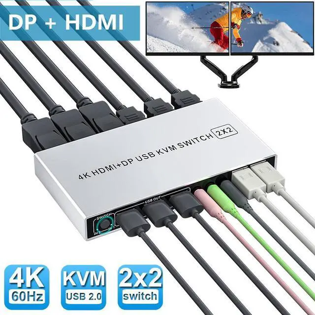 Dual Monitor HDMI + DisplayPort KVM Switch 2 in 2 Out Supports EDID 4K 60Hz Extended Display HDMI Display Port KVM Switch for 2 Monitors 2 Computers with Audio Microphone Output and 3 USB Ports