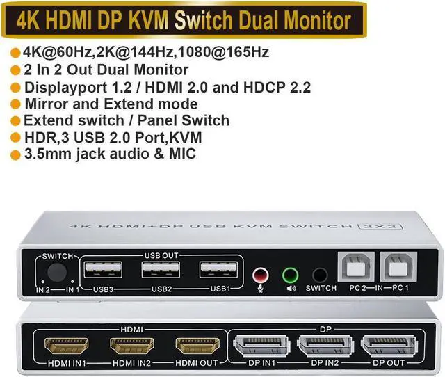 Dual Monitor HDMI Displayport KVM Switch 2 Port Extended Display 2 in 2 Out KVM Switch UHD 4K 60Hz RGB 4:4:4 USB Hub Audio Button Switching DP HDMI KVM Switcher for 2 Computers 2 Monitors