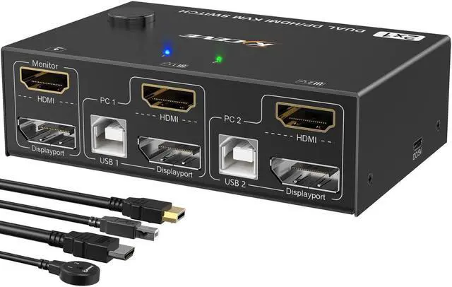 Dual Monitor HDMI + Displayport KVM Switch 4K 60Hz 2K 120Hz HDMI DP Extended Display Switcher for 2 Computers Share 2 Monitors and 4 USB 2.0 Ports Wired Remote and 4 Cables Included