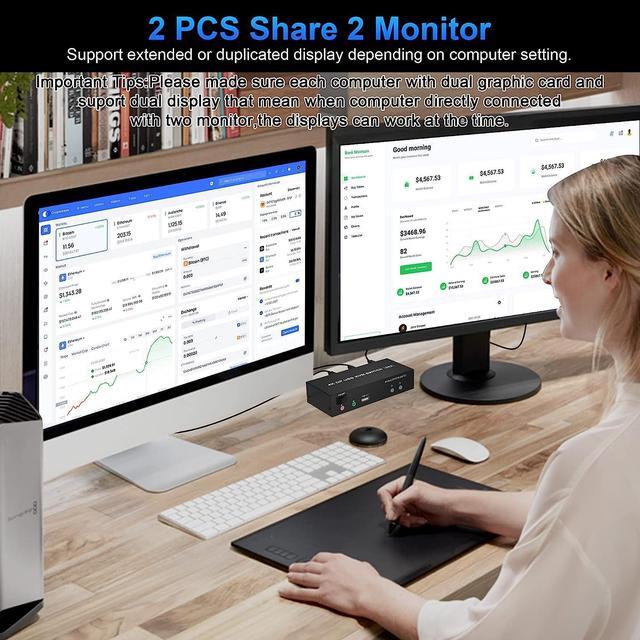 Dual Monitor HDMI Displayport KVM Switch 4K 60Hz Extended Display DP + HDMI KVM Switch For 2 Computers 2 Monitors With Audio Microphone Output And 3 USB Ports PC Monitor Keyboard Mouse Switcher