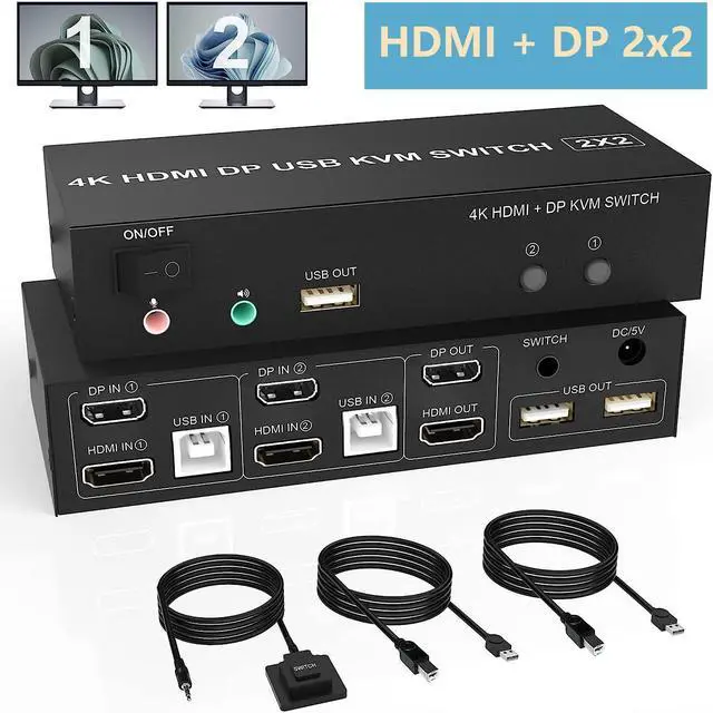 Dual Monitor HDMI Displayport KVM Switch 4K 60Hz Extended Display DP + HDMI KVM Switch for 2 Computers 2 Monitors with Audio Microphone Output and 3 USB Ports PC Monitor Keyboard Mouse Switcher