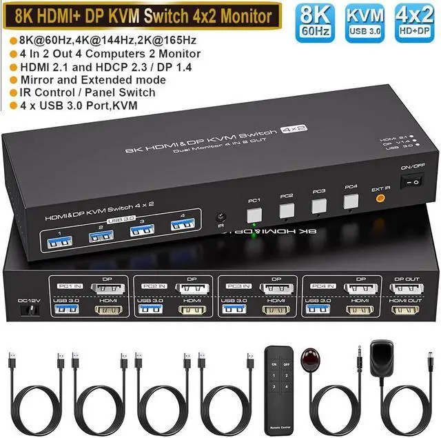 Dual Monitor HDMI + Displayport KVM Switch for 4 Computers 2 Monitors 8K 60Hz 4K 120Hz 4 Port KVM Switches Support 4 PCs Share 4 USB Devices Support Copy and Extend Mode with External Accessories