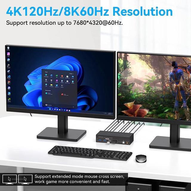Dual Monitor HDMI + Displayport KVM Switch Support Copy And Extended Display 4k 120hz 8K 60hz USB KVM Switcher 2 In 2 Out For 2 Computers Share 2 Monitor And 4 USB 3.0 Ports With External Controller