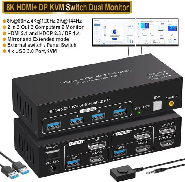 Dual Monitor HDMI + Displayport KVM Switch Support Copy and Extended Display 4k 120hz 8K 60hz USB KVM Switcher 2 in 2 Out for 2 Computers Share 2 Monitor and 4 USB 3.0 Ports with External Controller