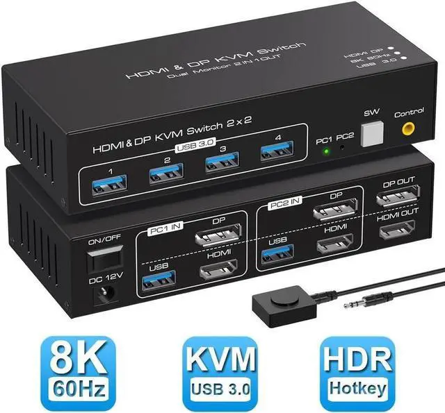 Dual Monitor HDMI + DP KVM Switch 2 in 2 Out 4K 120Hz 8K 60Hz HDMI DisplayPort USB KVM Switcher for 2 Computers 2 Monitors with 4X USB 3.0 Ports Support Windows MacOS Linux Unix