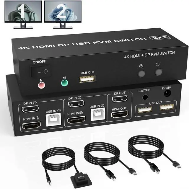 Dual Monitor HDMI + DP KVM Switch 2x2 DisplayPort and HDMI 4K 60Hz Extended Display KVM Switch 2 Monitors 2 Computers with Audio Microphone Output and 3 USB Ports PC Monitor Keyboard Mouse Switcher