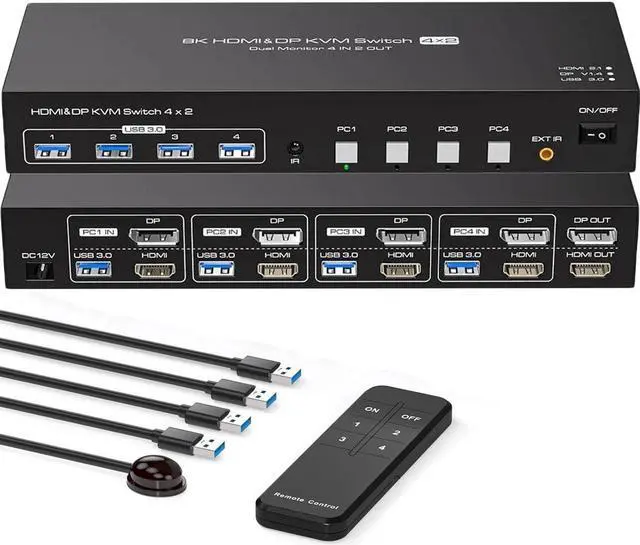 Dual Monitor HDMI+DP KVM Switch 4 in 2 Out 4K 120Hz 8K 60Hz HDMI DisplayPort USB KVM Switcher for 4 Computers 2 Monitors with 4X USB 3.0 Ports Support Windows MacOS Linux Unix