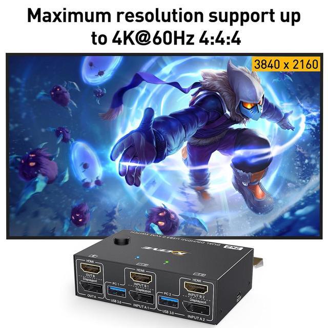 Dual Monitor HDMI+DP KVM Switch 4K 60Hz USB 3.0 HDMI + Displayport KVM Switch For 2 Computer Share 2 Monitor And 4 USB 3.0 Devices Keyboard Mouse Wired Remote And 4 Cables Included