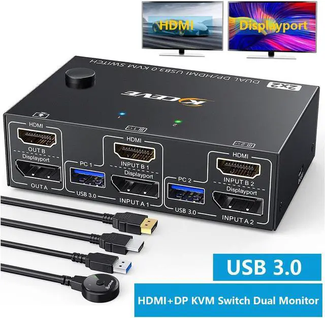 Dual Monitor HDMI+DP KVM Switch 4K 60Hz USB 3.0 HDMI + Displayport KVM Switch for 2 Computer Share 2 Monitor and 4 USB 3.0 Devices Keyboard Mouse Wired Remote and 4 Cables Included