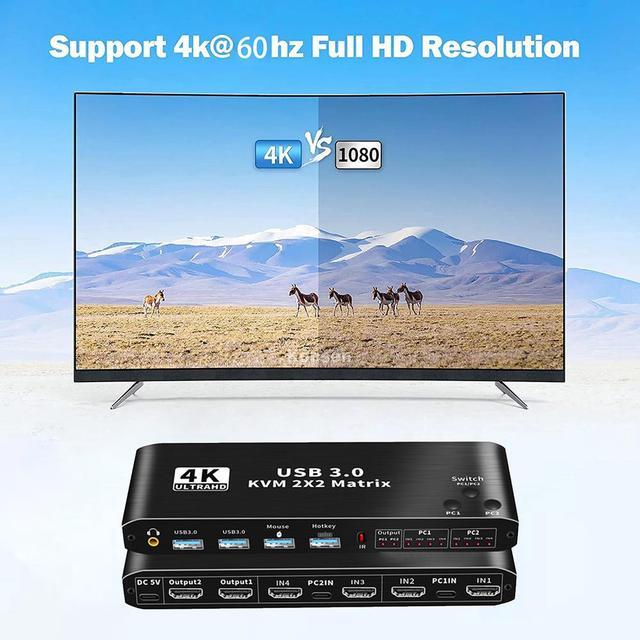 Dual Monitor HDMI KVM Matrix Switch 2x2 USB 3.0 HDMI KVM Switch For 2 Computers 2 Monitors HDMI KVM Switch 2 In 2 Out 4K 60Hz 2x2 Mixed Display For PC Laptop Windows MacOS Linux And UNIX