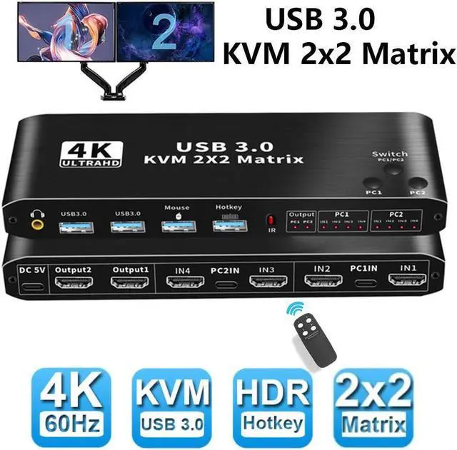 Dual Monitor HDMI KVM Matrix Switch 2x2 USB 3.0 HDMI KVM Switch for 2 Computers 2 Monitors HDMI KVM Switch 2 in 2 out 4K 60Hz 2x2 Mixed Display for PC laptop Windows macOS Linux and UNIX