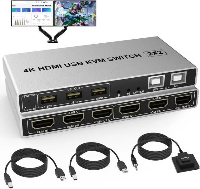 Dual Monitor HDMI KVM Switch 2 in 2 Out 2 Port 4K 60Hz HDMI KVM Switch for 2 Computers Share 2 Monitors Display and 3 Keyboard/Mouse/Printer with Audio Mic Output