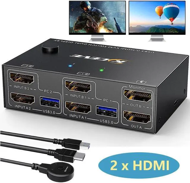 Dual Monitor HDMI KVM Switch 2 in 2 Out 4K 60Hz 2K 144Hz EDID Emulator USB 3.0 HDMI KVM Switch for 2 Computers Share 2 Monitors and 4 USB 3.0 Ports Wired Remote and Cables Included