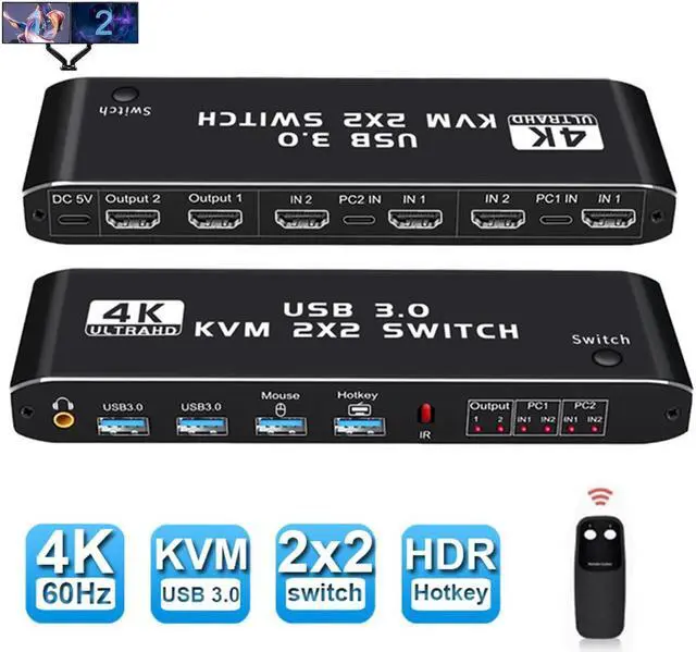 Dual Monitor HDMI KVM Switch 2 Monitors 2 Computers 2 in 2 Out 4K 60Hz USB HDMI KVM Switches with Audio HDMI2.0 Ports+4x USB 3.0 Supports 4K 60Hz RGB 4:4:4 HDR HDCP Hotkey Darkish (USB 3.0)