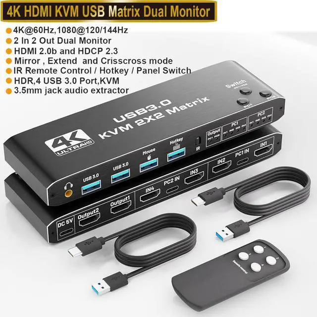 Dual Monitor HDMI KVM Switch 2 Monitors 2 Computers HDMI Matrix 4 in 2 Out 4K 60Hz HDMI KVM Matrix Switch 4 Port HDMI Switcher Splitter Support USB 3.0 HDCP2.3 Hotkey Extended with Remote Control