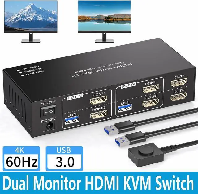 Dual Monitor HDMI KVM Switch 2 Monitors 2 Computers 4K 60Hz USB 3.0 KVM Switcher for 2 PCs Share 1 Set of Keyboard Mouse Printer and Scanner Support Extended & Mirror Mode with 4 USB 3.0 Ports