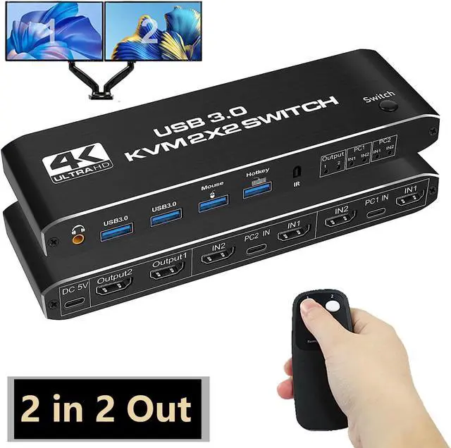 Dual Monitor HDMI KVM Switch 2 Monitors 2 Computers 4K 60Hz HDMI KVM switches 2 in 2 Out with Audio USB 3.0 Hub Share Keyboard Video Mouse Peripherals Hotkey (Black)