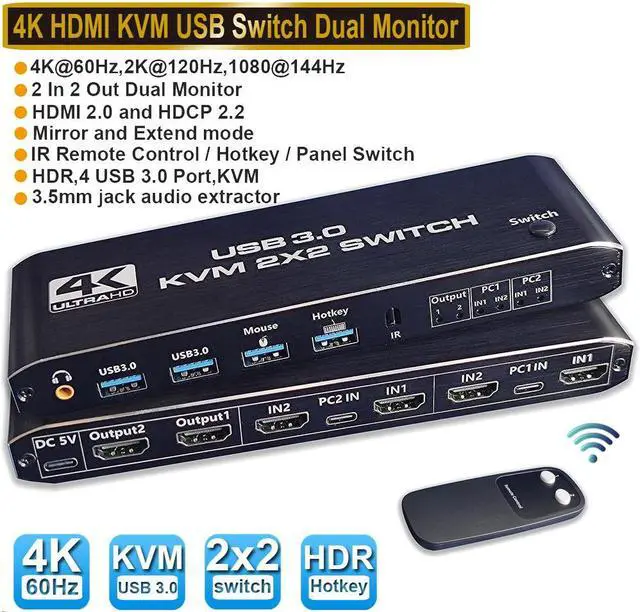 Dual Monitor HDMI KVM Switch 2 PCs 2 Monitors 4K 60Hz HDMI KVM Switch 2 Port Extended Display HDMI KVM Switch 2 in 2 Out with 3.5mm Audio Support 4 USB 3.0 Share Keyboard Mouse Printer with Hotkey
