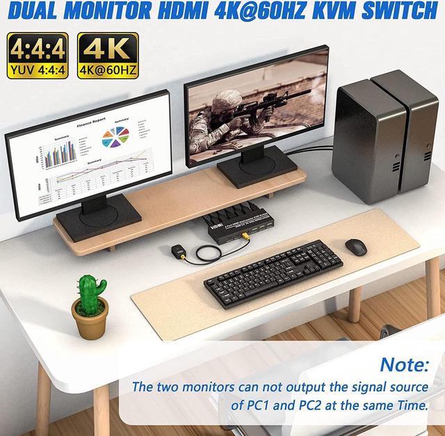Dual Monitor HDMI KVM Switch 2 Port 4K 60Hz USB HDMI Extended Display Switch For 2 Computer Share 2 Monitor And 3 USB 2.0 Device Keyboard Mouse Desktop Controller And USB Cables Included