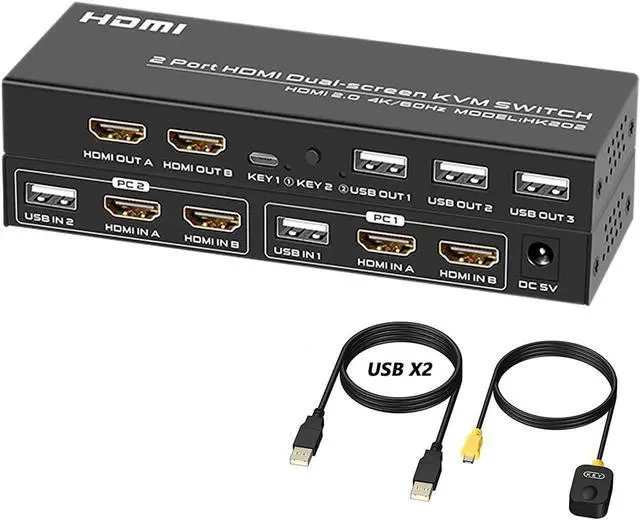 Dual Monitor HDMI KVM Switch 2 Port 4K 60Hz USB HDMI Extended Display Switch for 2 Computer Share 2 Monitor and 3 USB 2.0 Device Keyboard Mouse Desktop Controller and USB Cables Included