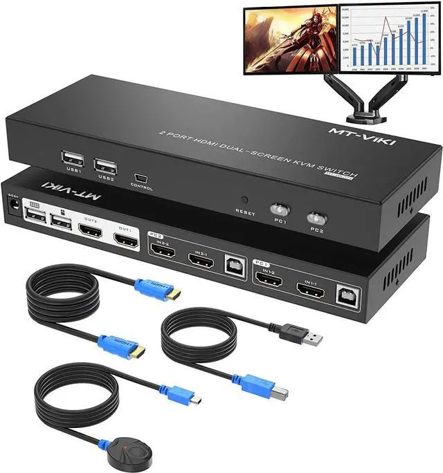 Dual Monitor HDMI KVM Switch 2 Port 4K 60Hz USB HDMI Extended Display Switcher for 2 Computers Share 2 Monitors and 4 USB 2.0 Hub Desktop Controller & USB Cables HD MI Cables Included