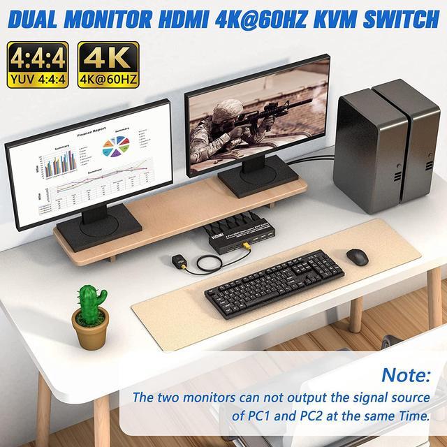 Dual Monitor HDMI KVM Switch 2 Port 4K 60Hz USB HDMI Extended Display Switch For 2 Computer Share 2 Monitor And 3 USB 2.0 Device Keyboard Mouse Desktop Controller And USB Cables Included