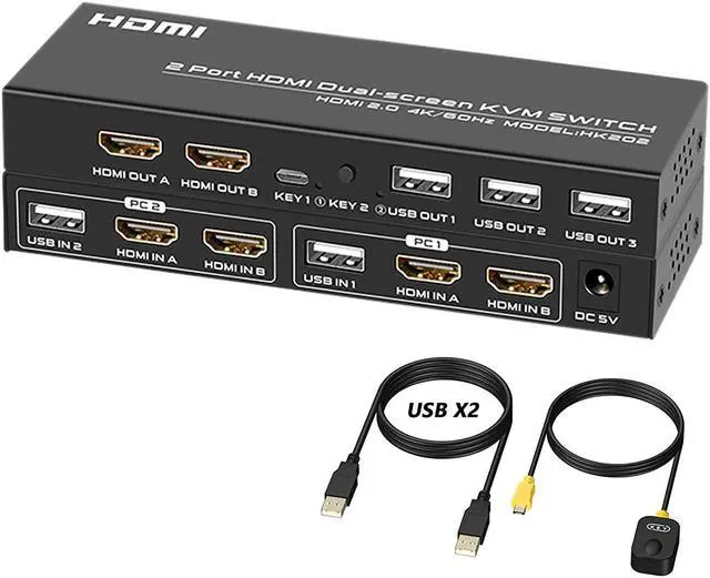 Dual Monitor HDMI KVM Switch 2 Port 4K 60Hz USB HDMI Extended Display Switch for 2 Computer Share 2 Monitor and 3 USB 2.0 Device Keyboard Mouse Desktop Controller and USB Cables Included