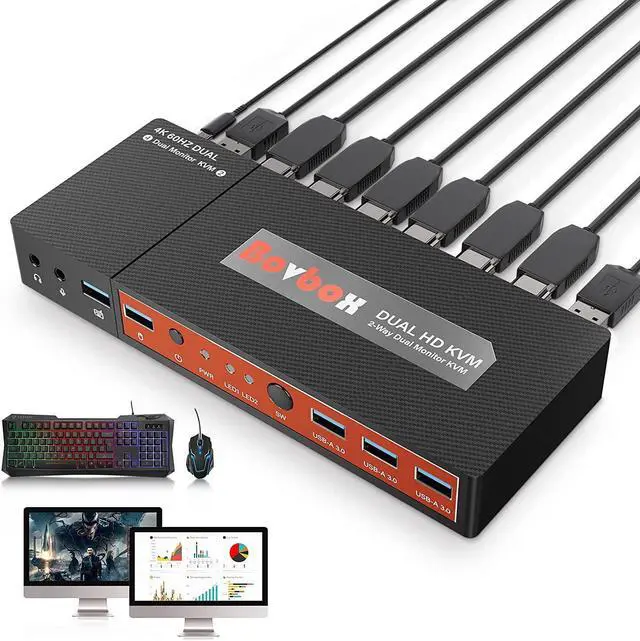 Dual Monitor HDMI KVM Switch 2 Port Extended Display 4K 60Hz 4:4:4 KVM Switch 2 Monitors 2 Computers with 3x USB 3.0 Hub Audio Hotkey & Button Switching with 4 HDMI 2 USB Cables & Power Adapter