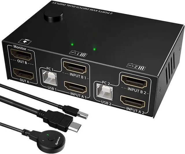 Dual Monitor HDMI KVM Switch 2 Port HDMI 4K 30Hz Switcher USB HDMI Extended Display KVM Switcher for 2 Computers Share 2 Monitors and 4 USB 2.0 Hub Desktop Controller and USB Cables Included