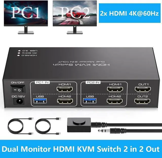 Dual Monitor HDMI KVM Switch 2 Port HDMI 4K 60Hz KVM Switcher for 2 Computers 2 Monitors with 4 USB 3.0 Ports Support Copy and Extended Display and Desktop Control Including 2 USB 3.0 Cable