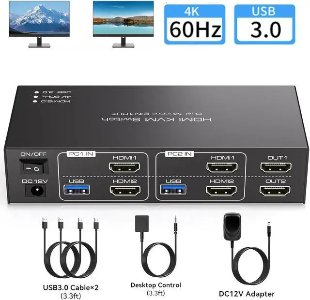 Dual Monitor HDMI KVM Switch 2 Port HDMI KVM Switch Support 4K 60Hz USB 3.0 KVM Switches for 2 Computers Share 2 Monitors and 4 USB 3.0 Ports Such as Keyboards Mice Printers and U Disk